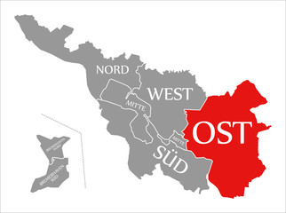 Bremen Ost city district red highlighted in map of Bremen Germany