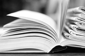 Old Book and Retro Newspapers. Magazines and Journals with News and Huge Foliant with Yellow Pages. Concept for Culture and Literature, Vintage Style  