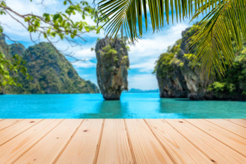 Wooden desk For product display,Landscape of James Bond island Phang-Nga bay,Thailand background.