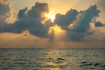 Sunset Calm Sea and Blue Sky Background.