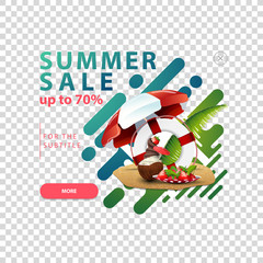 Summer sale, pop-up window with a discount banner for your website with coconut ice cream cocktail, beach umbrella, fruit, palm leaves and lifeline