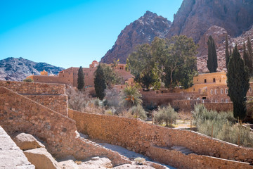 Church and monastery in Saint Catherine next to Moses mountain Egypt, Sinai. Famous place for Christianity Orthodoxy pilgrims