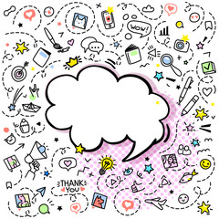 Doodle background with hand drawn icons. Line art