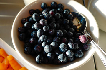 Blueberries in a bowl at a breakfast buffet.