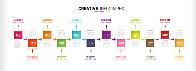 Timeline presentation for 12 months, 1 year, Timeline infographics design vector and Presentation business can be used for Business concept with 12 options, steps or processes. 