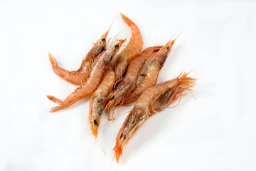 Several raw prawns on white background