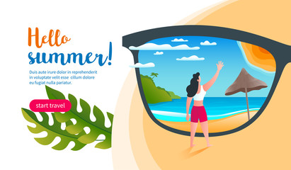 Woman stands on the ocean shore and waves her hand to the sun. Hello summer. Modern vector illustration