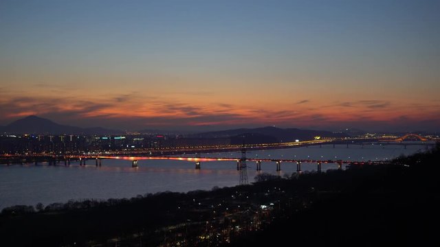 Gayang bridge Night Seoul lights on sunset Han river panorama