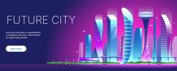Futuristic night cityscape. Vector flat illustration of city with buildings, cars and trees