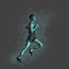 Fototapeta premium Pencil drawing illustration of a running man. Dynamic sketch on with blue drawing of contrasting places.