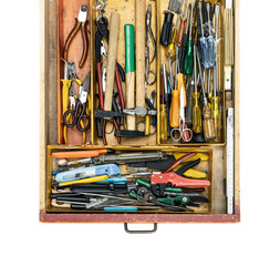 Used do it yourself work tools in a drawer
