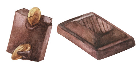 Watercolor hand painted pieces of chocolate. Set sweet dessert with almond nut isolated on white
