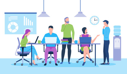 Office work team. Teamwork and communication between co-workers, friendly environment for productivity and creativity. Modern vector illustration