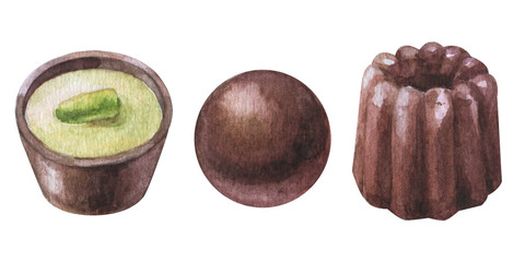 Watercolor hand painted chocolate candies. Set sweet dessert with cashew nut, chocolate milk ball isolated on white