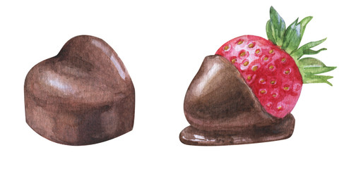 Watercolor hand painted chocolate candies. Set sweet dessert with heart, strawberry in milk chocolate isolated on white