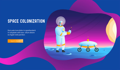 Astronaut manages rover.  Space colonization concept. Modern vector illustration