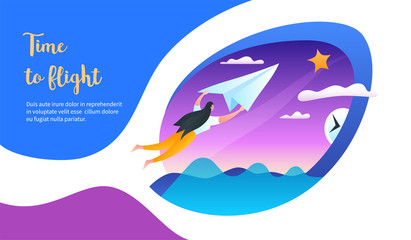 Girl flies on a paper airplane. Time to flight concept. Modern vector illustration