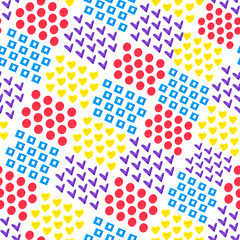 Seamless abstract geometric background of heart and square and circle and tick on white background in watercolor style.
