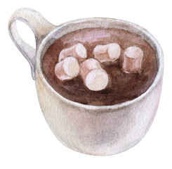 Watercolor hand painted delicious hot chocolate with marshmallows in a white cup isolated on white