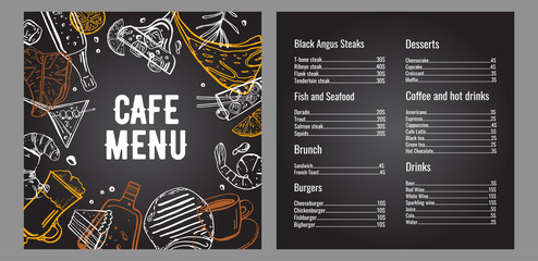 Cafe menu two page design template with list of meat, fish, burgers, drinks, coffee and desserts. Outline vector hand drawn sketch illustration with different food on on blackboard background