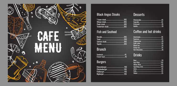 Cafe menu two page design template with list of meat, fish, burgers, drinks, coffee and desserts. Outline vector hand drawn sketch illustration with different food on on blackboard background