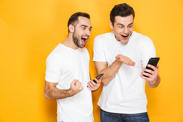 Two cheerful excited men friends wearing blank t-shirts