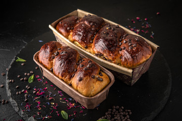 Easter cake with raisins, nuts, poppy seeds, chocolate. Holiday pastries.