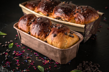 Easter cake with raisins, nuts, poppy seeds, chocolate. Holiday pastries.