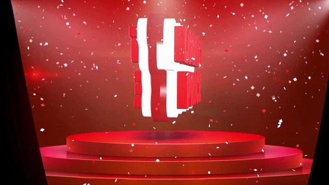 Lowest Price Text Animation on 3d Stage Podium Carpet. Reval Red Curtain With Abstract Foil Confetti Blast, Spotlight, Glitter Sparkles, Loop 4k Animation.