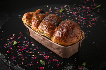 Easter cake with raisins, nuts, poppy seeds, chocolate. Holiday pastries.