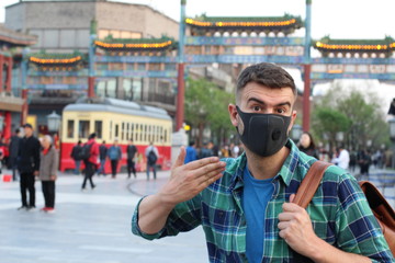 Man complaining about pollution in Asia 