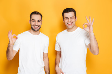 Two cheerful excited men friends wearing blank t-shirts