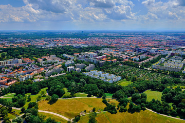 View from a height to residential areas in Munich