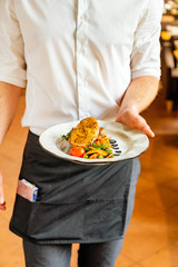 young waiter with plate full of tasty dish