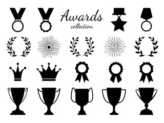 Black white goblet and medal flat style. Vector monochrome goblet and wreath illustration