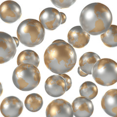 Earth. Many planets. Gold and silver colors. 3d render