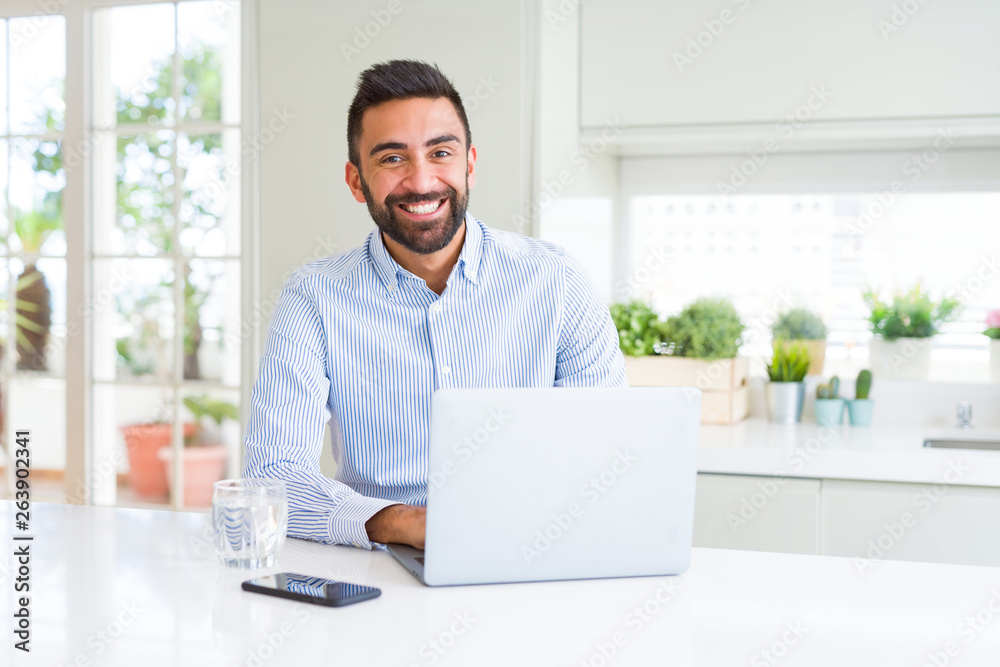 Wall mural Business man smiling working using computer laptop