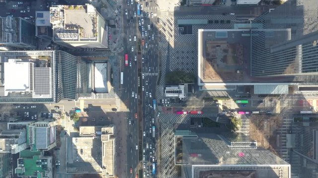 a drone shot in downtown Seoul