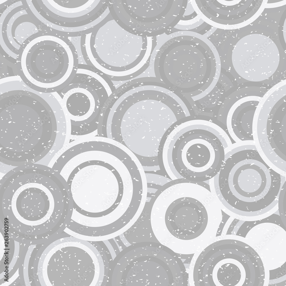 Poster Modern vector abstract seamless geometric pattern with  circles in retro scandinavian style. Neutral gray and white colored shapes with worn out texture.