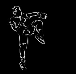 Fototapeta premium Silhouette of a karateka doing standing side kick, Flat Line Art Design.