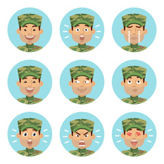 Set of military man emoticons. Soldier avatars showing different emotions. Happy, smile, sad, cry, angry, love, surprised, upset, laugh and other facial expressions. Flat style vector illustration