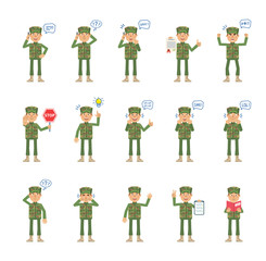 Big set of military man characters showing different actions, gestures, emotions. Cheerful soldier talking on phone, holding stop sign, document and doing other actions. Simple vector illustration