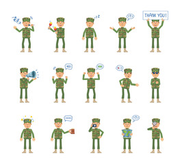 Big set of military man characters showing different actions, gestures, emotions. Cheerful soldier singing, sleeping, holding loudspeaker, banner and doing other actions. Simple vector illustration