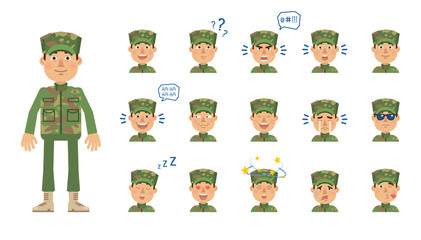 Big set of military man emoticons. Soldier showing different facial expressions. Happy, sad, smile, laugh, cry, surprised, serious, dizzy, sleepy and other emotions. Flat vector illustration