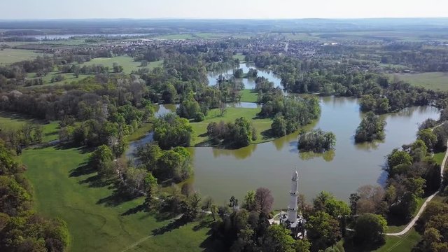 Flight over the palace park of Lednice, Lednice&ndash;Valtice Cultural Landscape, South Moravia, Czech Republic