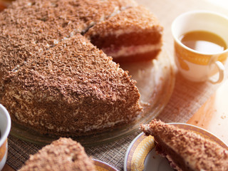 Homemade cake with cherries, chocolate and liqueur