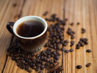 Fototapeta na wymiar espresso coffee Cup on wooden table