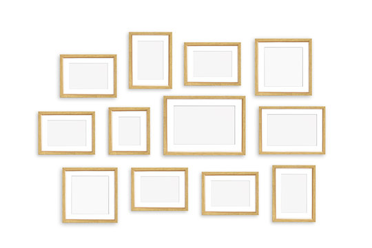 Frames collage, twelve golden realistic frameworks isolated on white wall