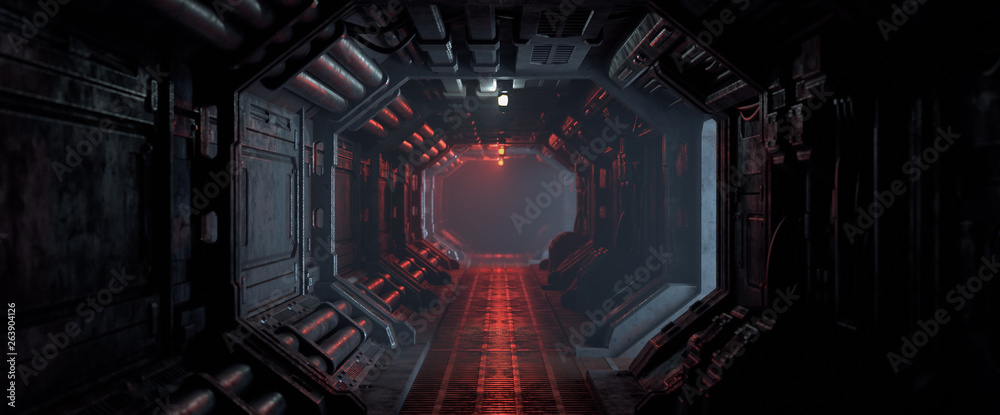 Wall mural 3d rendering of realistic sci-fi dark corridor with red light. futuristic tunnel with grunge metal w