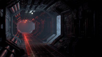 3d rendering of realistic sci-fi dark corridor with red light. Futuristic tunnel with grunge metal walls. Cyberpunk tunnel. Interior view. Modern futuristic hall. Empty corridor in a spaceship. Fog.